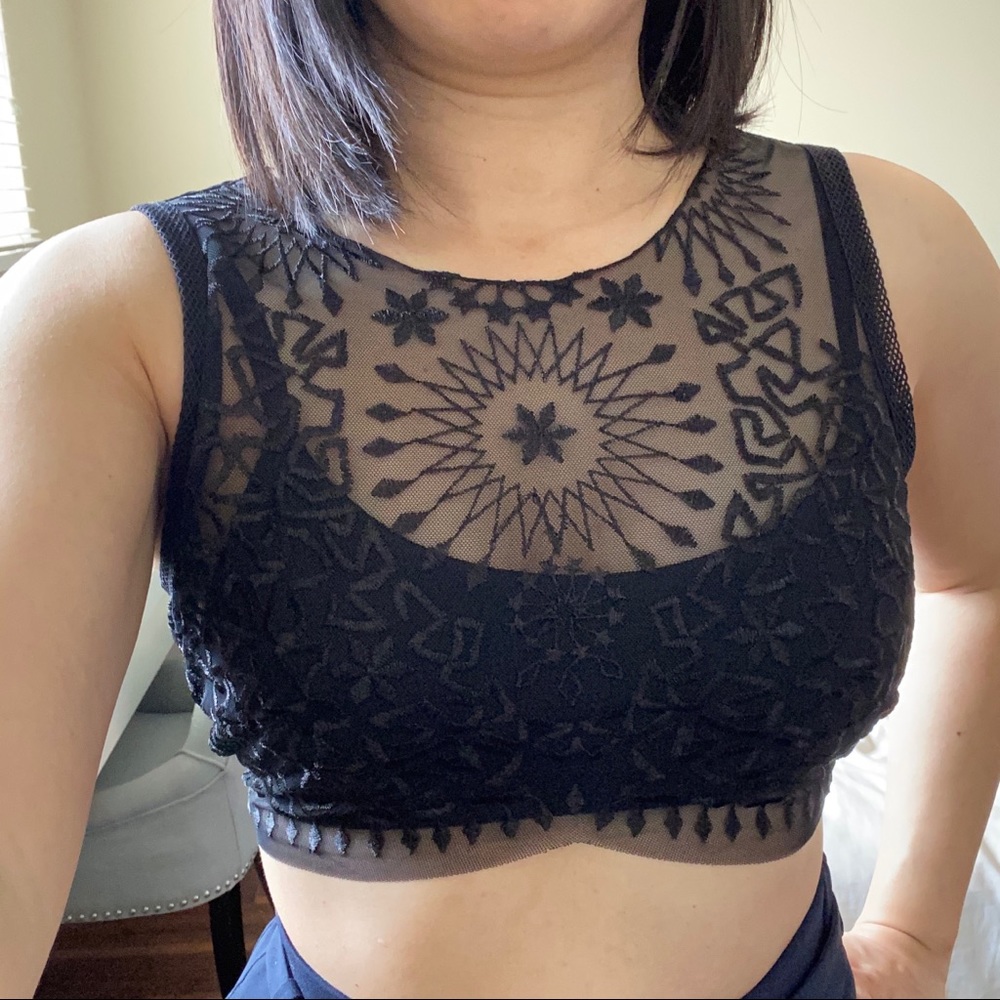 Free People black sheer lace crop with shelf bra